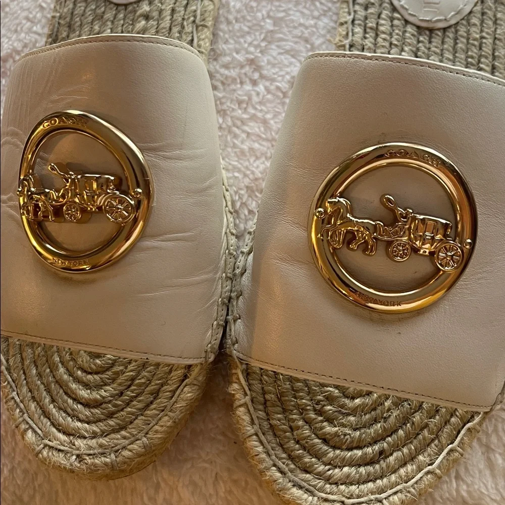 Coach Women's Cream Espadrille Slides with Gold Accent
